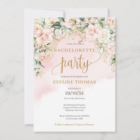 Invitation Rustique Blush rose roses or bachelortie (Devant)
