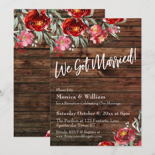 Invitation Rustique Bohème Rouge Bourguignon Floral Nous nous (Devant / Derrière)