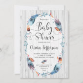 Invitation Rustique Boho Baby Boy Shower Tribal Feathers (Devant)
