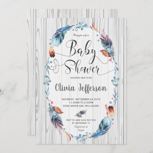 Invitation Rustique Boho Baby Boy Shower Tribal Feathers (Devant / Derrière)