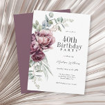 Invitation Rustique Boho Bourgogne Plum Floral 40e anniversai<br><div class="desc">Une magnifique invitation à la fête du 40ème anniversaire qui saisit l'essence de l'élégance rustique avec son bouquet voûté de pivoines et de roses en harmonisant bordeaux, prune et rose poussiéreux avec la végétation d'eucalyptus en traîne. Les éléments botaniques féminins apparaissent avec style et charme boho. Personnalisez le modèle de...</div>