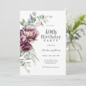 Invitation Rustique Boho Bourgogne Plum Floral 40e anniversai (Debout devant)