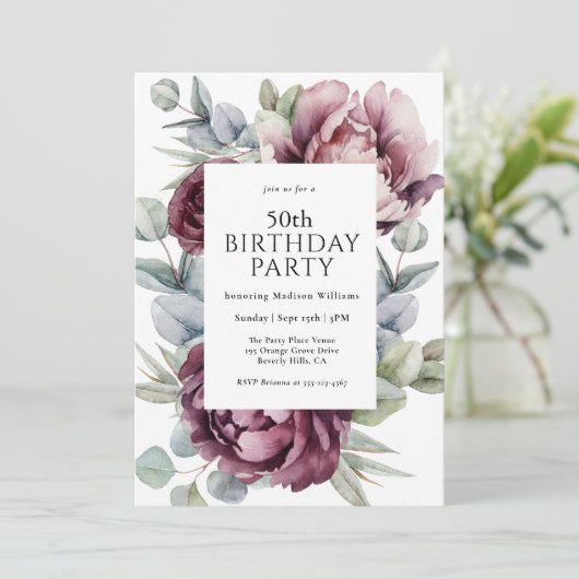 Invitation Rustique Boho Bourgogne Plum Floral 50e anniversai (Debout devant)