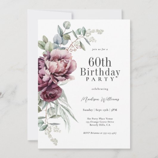 Invitation Rustique Boho Bourgogne Plum Floral 60e anniversai (Devant)