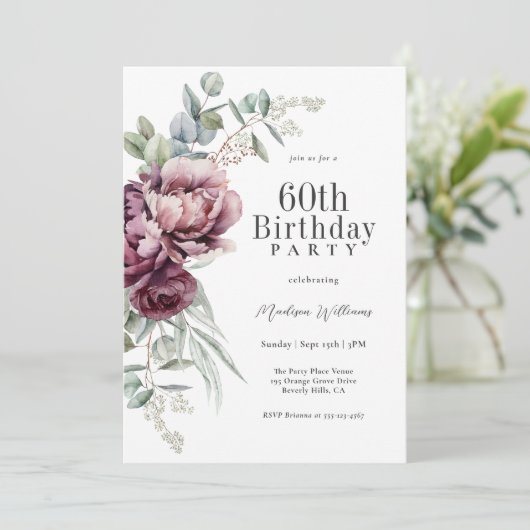 Invitation Rustique Boho Bourgogne Plum Floral 60e anniversai (Debout devant)
