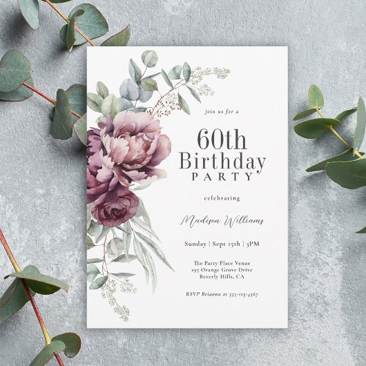 Invitation Rustique Boho Bourgogne Plum Floral 60e anniversai