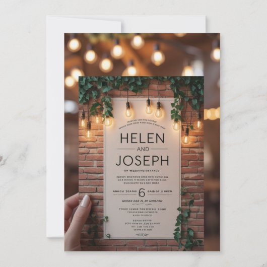 Invitation Rustique Boho Brick Mur & String Lumières Mariage (Devant)
