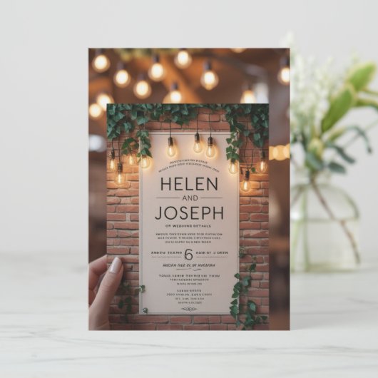 Invitation Rustique Boho Brick Mur & String Lumières Mariage (Debout devant)