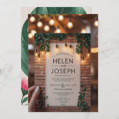 Invitation Rustique Boho Brick Mur & String Lumières Mariage  (Devant / Derrière)