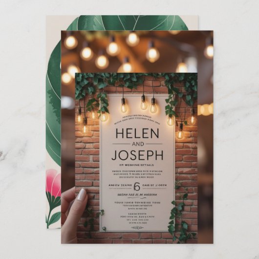 Invitation Rustique Boho Brick Mur & String Lumières Mariage (Devant / Derrière)