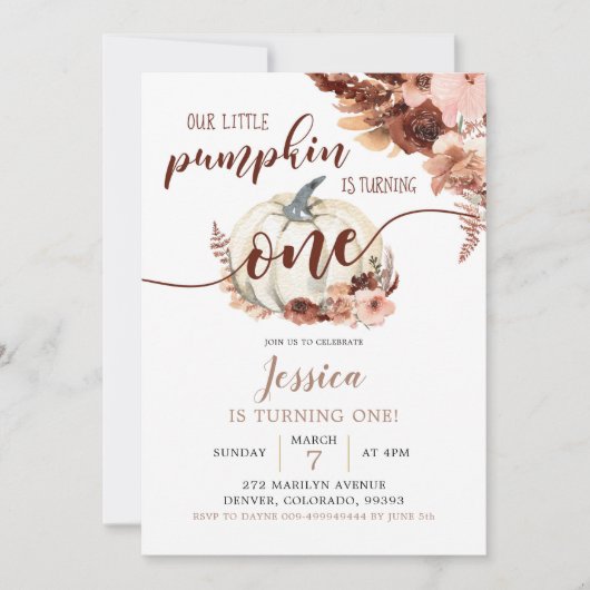 Invitation Rustique Boho Citrouille blanc premier anniversair (Devant)