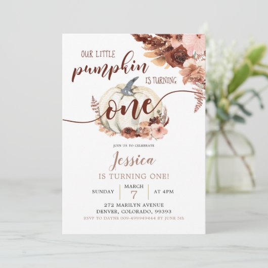 Invitation Rustique Boho Citrouille blanc premier anniversair (Debout devant)