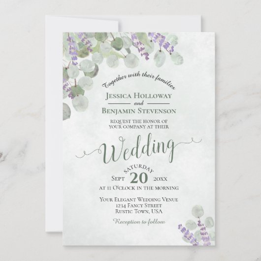 Invitation Rustique Boho Eucalyptus & Lavender QR Code Mariag (Devant)