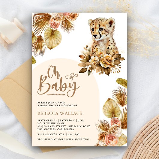 Invitation Rustique Boho Floral Cheetah Baby shower fille