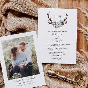 Invitation Rustique Boho Floral Stag Antlers Mariage Photo