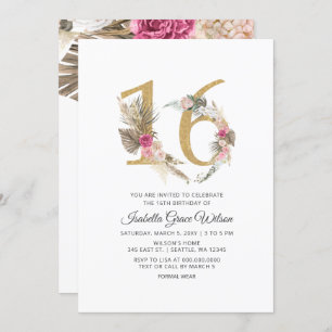 Invitation Rustique Boho Gold Pampas Sweet 16 Anniversaire