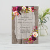 Invitation Rustique Boho Grange Bois bordeaux mariage floral (Debout devant)