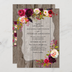 Invitation Rustique Boho Grange Bois bordeaux mariage floral