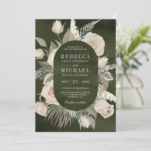Invitation Rustique Boho Ivoire Roses Dark Sage Vert Mariage (Debout devant)