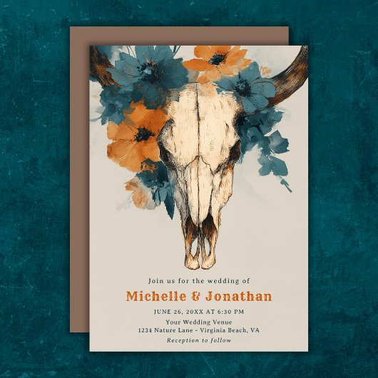 Invitation Rustique Boho Ouest Vache Crâne Floral Mariage