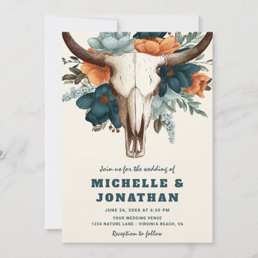 Invitation Rustique Boho Ouest Vache Crâne Floral Mariage (Devant)