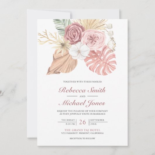 Invitation Rustique Boho Palm Dusty Rose Roses QR Code Mariag (Devant)