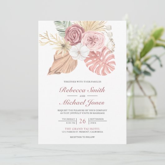 Invitation Rustique Boho Palm Dusty Rose Roses QR Code Mariag (Debout devant)
