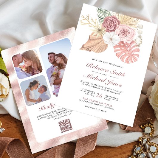 Invitation Rustique Boho Palm Dusty Rose Roses QR Code Mariag