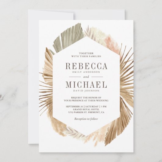 Invitation Rustique Boho Pampas Grass séché Palm Feuille Mari (Devant)