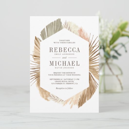 Invitation Rustique Boho Pampas Grass séché Palm Feuille Mari (Debout devant)