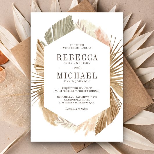 Invitation Rustique Boho Pampas Grass séché Palm Feuille Mari