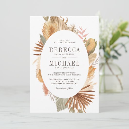 Invitation Rustique Boho Pampas Grass séché Palm Mariage oval (Debout devant)