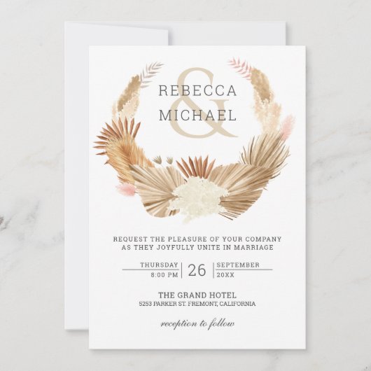 Invitation Rustique Boho Pampas Grass Wreath Séché Palm Maria (Devant)
