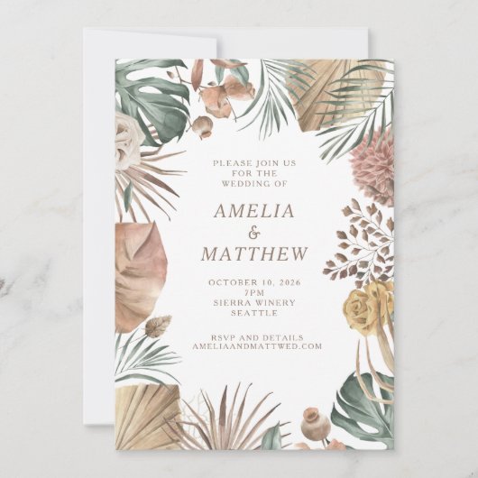Invitation Rustique Boho Pampas Mariage de verdure (Devant)