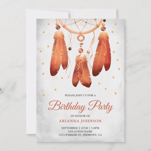 Invitation Rustique Boho Peach Dream Catcher fête d'anniversa (Devant)
