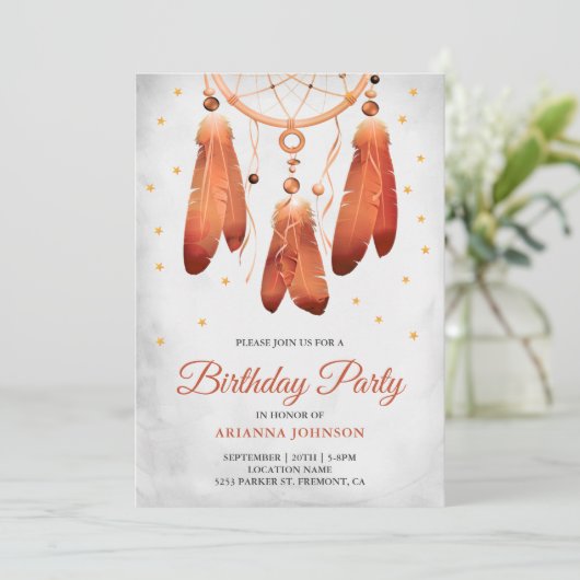 Invitation Rustique Boho Peach Dream Catcher fête d'anniversa (Debout devant)