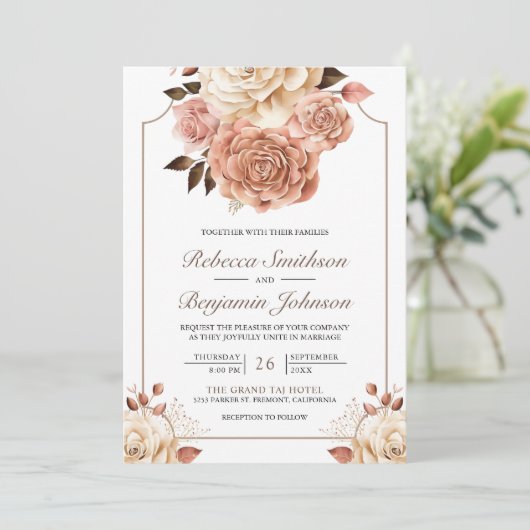 Invitation Rustique Boho Rose Gold Ivory Floral QR Code Maria (Debout devant)