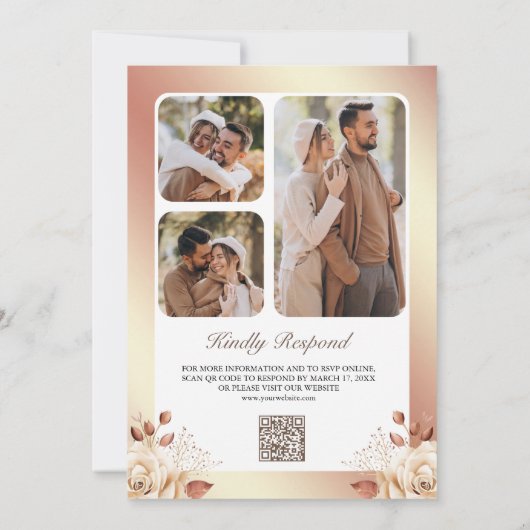 Invitation Rustique Boho Rose Gold Ivory Floral QR Code Maria (Dos)