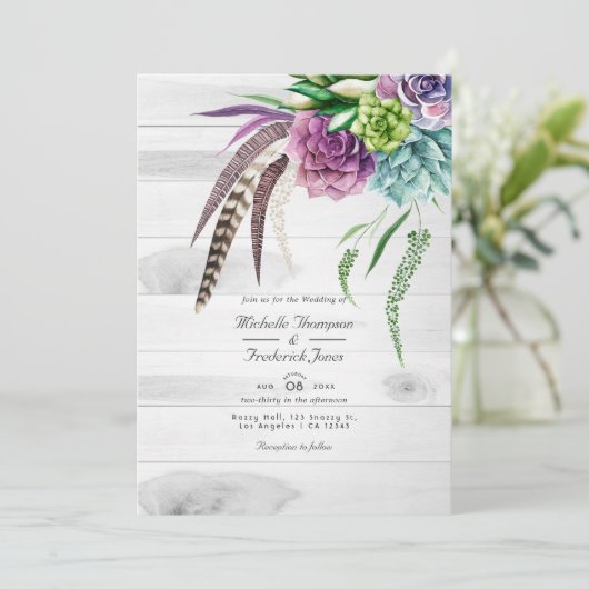 Invitation Rustique Boho Succulents QR Code RSVP Mariage (Debout devant)