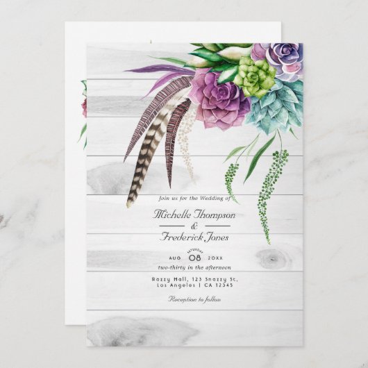 Invitation Rustique Boho Succulents QR Code RSVP Mariage (Devant / Derrière)