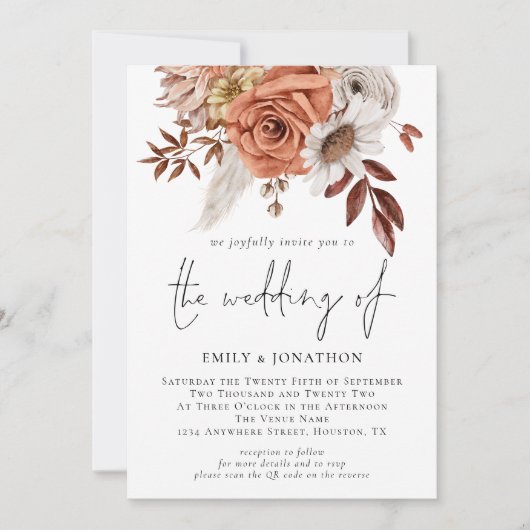 Invitation Rustique Boho Terracotta Automne Floral QR Code Ma (Devant)