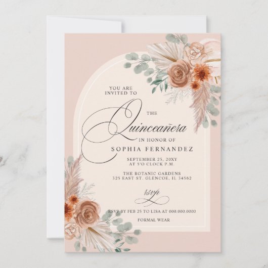 Invitation Rustique Boho Terracotta Pampas Quinceanera (Devant)