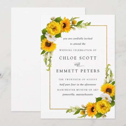 Invitation Rustique Boho Tournesol Jaune Mariage Floral été (Devant / Derrière)
