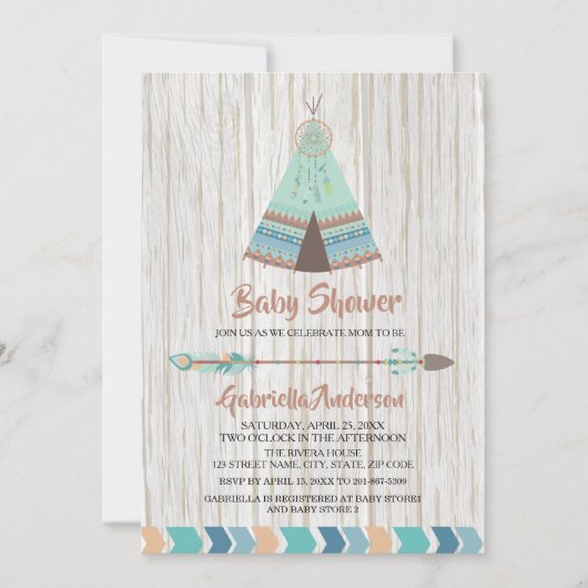 Invitation Rustique Boho Tribal Teepee Baby shower (Devant)