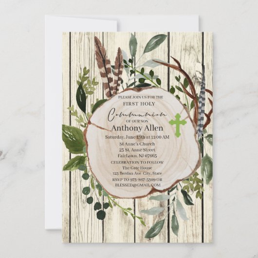 Invitation Rustique Boho Verdure Première Communion sainte (Devant)