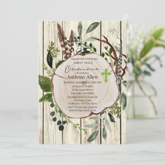 Invitation Rustique Boho Verdure Première Communion sainte (Debout devant)
