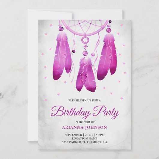 Invitation Rustique Boho violet Dream Catcher fête d'annivers (Devant)