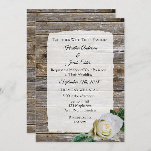 Invitation Rustique Bois Blanc Rose Élégant Mariage Invitatio (Devant / Derrière)