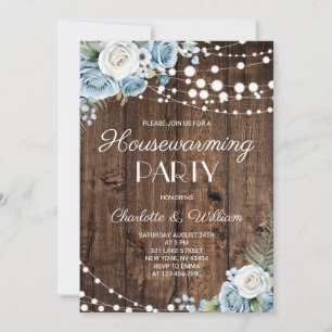Invitation Rustique Bois Bleu Poussiéreux Fleurs Fête de Pend
