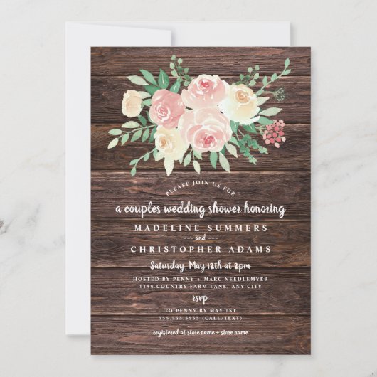 Invitation Rustique Bois Blush Florales couples wedding showe (Devant)